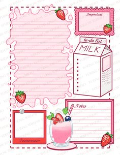 a pink drink with strawberries next to a milk carton and two blank cards