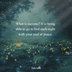 a forest filled with lots of yellow flowers next to a quote that reads, what is success? it is being able to go to bed each night with your soul at peace