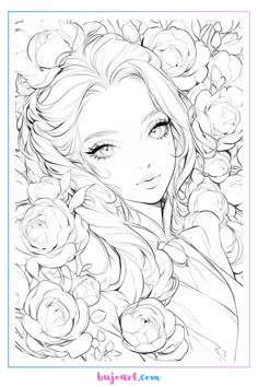 a girl with long hair and flowers in her hair is looking at the camera while she's surrounded by roses