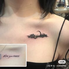 a woman with a tattoo on her chest that says, kiss you close to the moon