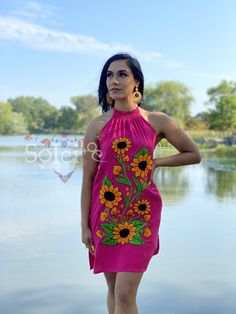 -This Beautiful Floral embroidered Dress is the perfect dress to add to your wardrobe. Its cute enough to dress up for a party or even just wear it to a picnic. -It's lightweight, handmade out of cotton and has embroidered sunflowers on it. **More colors available here: https://www.etsy.com/es/listing/839953944/vestido-halter-girasoles-vestido?ref=listing_published_alert Summer Embroidered Cotton Sundress, Pink Summer Embroidered Dress With Floral Applique, Pink Embroidered Floral Applique Dress For Summer, Embroidered Cotton Sundress For Summer, Summer Beach Dress With Floral Applique, Summer Embroidered Dress With Floral Applique, Embroidered Flower Dress For Summer, Pink Sleeveless Embroidered Summer Dress, Pink Sleeveless Embroidered Dress For Summer