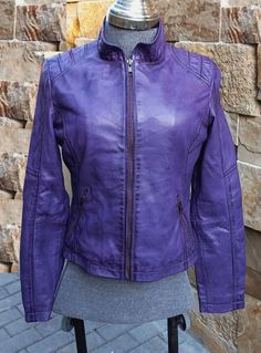 Stand out with This Gorgeous vintage look ladies biker leather jacket made from genuine purple dyes leather. At www.rubyleather.net. Discover the best range of women's leather jackets | handmade leather jackets lamb leather and cow leather ladies jackets. Winter Distressed Leather Outerwear, Distressed Fitted Leather Biker Jacket, Distressed Fitted Leather Jacket, Distressed Leather Fitted Jacket, Fitted Distressed Leather Jacket, Purple Leather Jacket, Leather Gifts For Her, Ladies Jackets, Motorcycle Leather Jacket