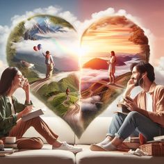 two people sitting on a couch in front of an open book with images of the same person