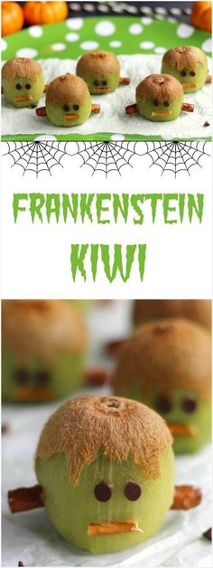 green apples with faces made out of them and the words frankenstein kiwi on top