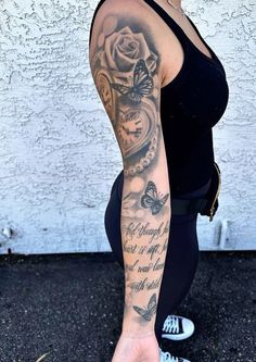 Upper Arm Sleeve Women, Tattoo Ideas Half Sleeve, Sleave Ideas Woman, Arm Sleeve Black Women, Baddie Tats, Colour Tattoo For Women, Quarter Sleeve Tattoos, Tattoos Inspo