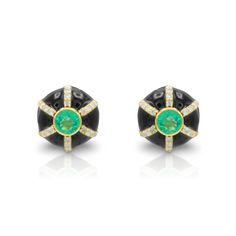 18K Yellow Gold Enamel & Emerald and Diamond Earrings   Discover the exquisite 18K yellow gold earrings embellished with stunning emeralds and diamonds, accented with elegant enamel detailing.    Metal Type: 18K Yellow Gold Stones Types: Natural Diamonds, Natural Green Emeralds Diamond Carat Weight: 0.24 carats Size: 11mm Diameter Luxury Enamel Earrings For Anniversary, Luxury Hallmarked Enamel Earrings, Luxury Yellow Gold Enamel Earrings, Formal Enamel Earrings In Fine Jewelry Style, Fine Jewelry Enamel Earrings For Formal Occasions, Formal Fine Jewelry Enamel Earrings, Formal Enamel Earrings Fine Jewelry, Luxury Green Enamel Earrings, Emerald And Diamond Earrings