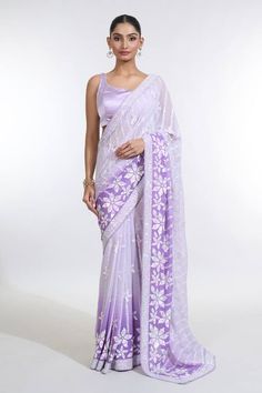 Grey and purple ombre saree with all over sequin bloom embellishments. Paired with a sleeveless round neck satin blouse. - Aza Fashions Ombre Saree, Satin Embroidery, Blouse For Women, Purple Ombre, Satin Color, Satin Blouse, Saree With Blouse, Aza Fashion, Traditional Design