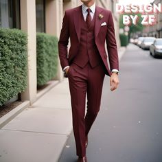 Formal Stylish Men Suits Burgundy 3 Piece Suit Groom Wedding Suits  Formal Fashion Stylish Suits Party Wear Suits Bespoke For Men Item Include (Coat+ Vest+ Pant) Fabric:- Imported, Premium Color:- Burgundy  Dry Clean Recommended The suit is for wedding, Party, Proms, and Many Occasions. We make the suit according to our Standard size chart, If you are not sure about your size/measurement,  please give your body measurement in inches, so we make perfect suit for you.  Jacket Measurement:- 1 Jacke Red Prom Suits For Guys, Mens Suits Wedding Guest, 3 Piece Suit Groom, Burgundy Suit Men, Burgundy Suits, Burgundy Tux, Grad Suits, Red Prom Suit, Trending Suits