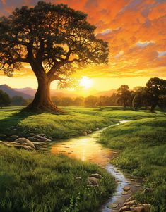 a painting of a river running through a lush green field next to a large tree