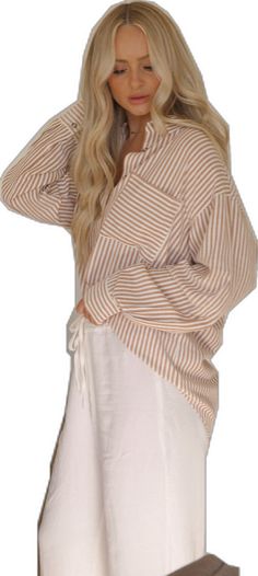 white and brown stripe button down shirt Casual Brown Tops With Striped Collar, Striped Shirt For Fall Day Out, Chic Neutral Fall Shirt, Brown Collared Shirt For Day Out, Chic Brown Relaxed Fit Shirt, Chic Brown Shirt With Relaxed Fit, Chic Relaxed Fit Brown Shirt, Trendy Brown Shirt For Day Out, Beige Wide Leg Pants