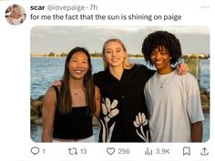 three women standing next to each other on top of a twitter account with the caption scari @ lovepage 77 for me fact that the fact that the sun is shining on page