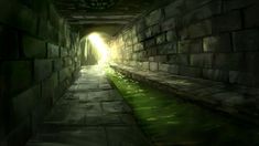 an image of a tunnel with light coming out from the end and green water running through it