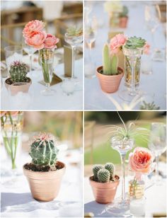 four different shots of flowers in vases and wine glasses on a white table cloth