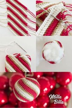 crocheted ornaments are hanging from strings on the wall, and one is red and white