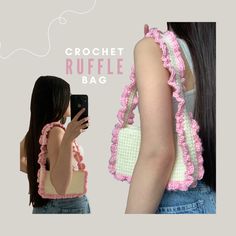 a woman holding a cell phone and wearing a crochet ruffle bag