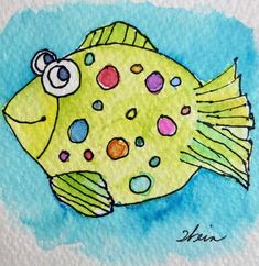 a drawing of a yellow fish with multicolored spots on it's face