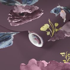 an artistic wallpaper with purple flowers and blue leaves on the top, along with a gray background