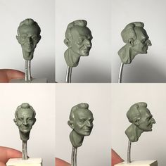 four different shots of a man's head being made out of clay and toothpicks