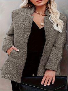 Peilia - Chic Flared Open Front Jacket: Stylish Long Sleeve Outerwear for Women Long Sleeve Outerwear, Open Front Jacket, Pocket Pattern, Sleeve Detail, Front Open, Collar Styles, Weaving, Solid Color, Sleeve Length