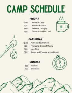 the camp schedule is shown in green and white, with camping related items on it