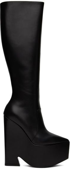 Versace.Black Tempest Platform Tall Boots.Knee-high buffed calfskin boots in black..· Pointed toe.· Zip closure at inner side.· Buffed leather lining.· Covered platform midsole.· Covered heel with rubber injection.· Medusa hardware at polished calfskin outsole.· Platform: H3 in.· Heel: H6 in.Supplier color: Black/Palladium.Calfskin..Made in Italy..231404F115004 Luxury Black Knee-high Boots With Leather Lining, Classic Black Calf Leather Platform Boots, Black Calf Leather Knee-high Boots With Reinforced Heel, Black Square Toe Knee-high Boots In Calf Leather, Black Calf Leather Knee-high Boots With Square Toe, Black Knee-high Calf Leather Heeled Boots, Fitted Calf Leather Platform Boots With Pointed Toe, Sleek Black Calf Leather Platform Boots, Sleek Black Calf Leather Heeled Boots