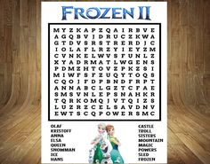 the frozen 2 word search is displayed on a wooden background with an image of two children