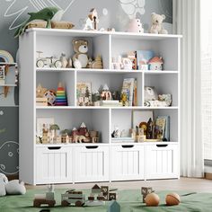 a child's room with toys and bookshelves on the shelves in it