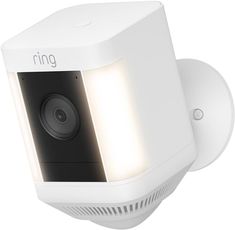 the ring security camera is on display with its light on it's side,