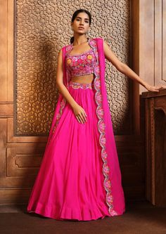 Aneesh Agarwaal-Fuchsia Pink Lehenga And Cape Set-INDIASPOPUP.COM Bhumika Sharma, Haldi Ceremony Outfit, Haldi Dress, Cape Set, Haldi Outfits, Sangeet Outfit, Function Dresses, Printed Lehenga, Trendy Outfits Indian