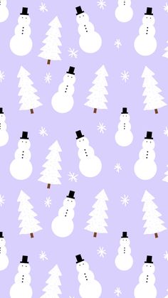 snowmen with hats and trees are on a purple background that is very similar to the christmas tree