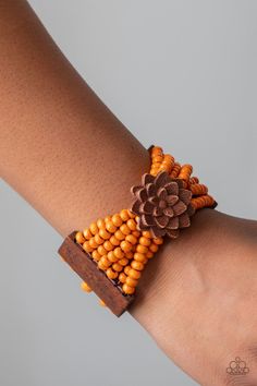 Held together by oversized rectangular fittings and wooden floral frames, strands of refreshing orange wooden beads are threaded along stretchy bands that weave around the wrist for a colorful island inspired look. Sold as one individual bracelet. Wooden Bag, Floral Frames, Orange Bracelet, Wooden Bracelet, Wood Bracelet, Paparazzi Accessories, Flower Bracelet, Paparazzi Jewelry, Brown Wood