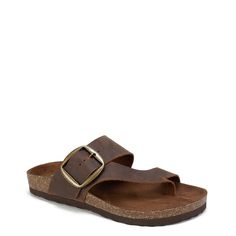 White Mountain-Harley Sandal Balance out your shoe collection with the Harley sandal from White Mountain. This silhouette is fashioned with an exaggerated brass buckle and toe ring strap for rustic style. Brown Leather Flip Flops With Buckle Closure, Brown Beach Slides With Buckle Closure, Rugged Brown Slip-on Sandals, Casual Brown T-strap Sandals With Buckle Closure, Cheap Brown T-strap Sandals With Buckle Closure, White Mountain, Birkenstock Arizona, Brass Buckle, Toe Rings