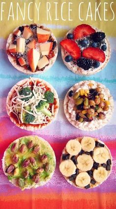 four different types of food are arranged on a colorful tablecloth with fruit and nuts