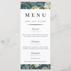 a menu card with an elegant floral design