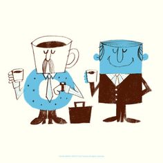 two people are holding coffee cups and standing next to each other with their faces drawn on them