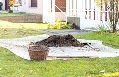 a pile of dirt sitting on top of a green grass covered yard next to a white house