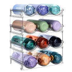 a rack that has many different colored cups on it