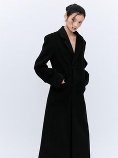 Composition : MARINOWOOL90% N10%Color : BlackCountry of Origin : Republic of Korea Chic Black Wool Coat For Formal Occasions, Evening Wool Coat With Lapel Collar For Winter, Classic Black Long Pea Coat, Classic Long Black Pea Coat, Black Evening Wool Long Coat, Black Evening Outerwear With Hidden Button Closure, Long Wool Evening Coat For Winter, Elegant Black Wool Coat For Work, Elegant Black Single-breasted Wool Coat