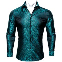 Midnight Black and Lake Blue Paisley Silk Dress Shirt shirt S   - Sophisticated Gentlemen Luxury Long Sleeve Satin Shirt, Luxury Satin Formal Shirt, Elegant Green Long Sleeve Shirt, Elegant Long Sleeve Green Shirt, Elegant Slim Fit Shirt For Night Out, Formal Green Silk Shirt, Green Silk Formal Shirt, Elegant Long Sleeve Shirt For Night Out, Long Sleeve Satin Shirt For Night Out