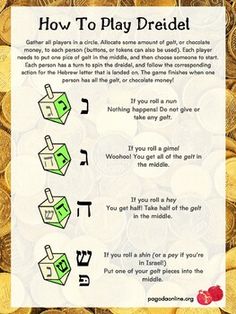 a poster with instructions on how to play dreiel in front of stacks of gold coins