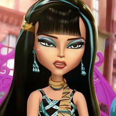 an animated doll with long black hair and blue eyes