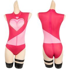 two mannequins wearing pink and black bodysuits, one with a heart on it