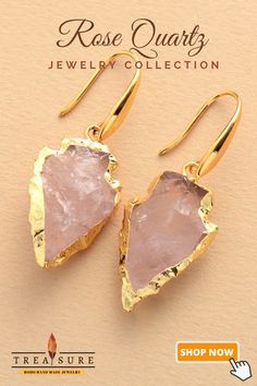 Get inspired by the charming nature with our Collection of Bohemian Jewelry especially this Callista Arrowhead Rose Quartz Drop Earrings, All our Jewelry is made by hand and one of a kind, Each stone has been carefully selected with the best quality to give you a truly unique handmade Piece.

This Callista Arrowhead Rose Quartz Drop Earrings, from our New Earrings collection, is hand-made with a magical touch of natural stones ( Rose Quartz Stone  )added to gold plated metal in a beautiful arrowhead shape to give you a unique Bohemian Nature-inspired Style.

Material: Rose Quartz, Metal
Making Technics: Full Handmade
Size: Around 4.5 cm
Product condition: 100% New and Exquisite Quality Bohemian Rose Gold Earrings For Gift, Bohemian Rose Gold Gemstone Jewelry, Bohemian Rose Gold Rose Quartz Jewelry, Bohemian Gold Rose Quartz Jewelry, Rose Quartz Gemstone Drop Earrings, Bohemian Arrowhead Jewelry As A Gift, Bohemian Arrowhead Jewelry As Gift, Bohemian Arrowhead Jewelry Gift, Gold Rose Quartz Earrings For Gift