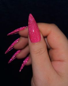 Black Almond Acrylic, Black Almond Acrylic Nails, Pink Sparkle Nails, Acrylic Almond Nails, Pink Glitter Nail, 22 Nails, Magic Effect, Pink Stiletto Nails, Hot Pink Glitter