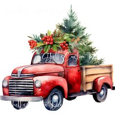 an old red truck with a christmas tree in the back and pine cones on top