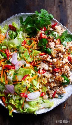 a salad with chicken, lettuce and carrots on a white platter