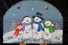 "This CUSTOM, MADE-TO-ORDER 4 PERSON, snowman family slate is hand-painted and personalized to your specifications. This adorable family slate makes a great Christmas present for the hard-to-shop-for family; something that every person in the family will adore. I also sell many of these for wedding and anniversary gifts, or, honestly, for any occasion, because who doesn't like snowmen? ORDERING IS EASY! PLEASE COPY AND PASTE #s 1-5, and Parts A - D IN THE \"ASK A QUESTION\" box in order to email me the information for your slate. Then add the slate to your cart, and pay. Simple!  Please know that I will most likely be contacting you to verify your order on this item. The information that I will need for this completely custom sign is as follows: Names: 1) Dad               2) Mom Family Of Snowmen Painting, Snowman Family Painting, Painted Snowmen, Question Box, Custom Family Signs, Snowman Family, Painting Christmas, Family Painting, Snowman Painting