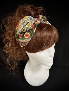 Fabric turban head band in a retro cotton print, on the 1940s land girl style and 1950s Rockabilly fashions. A real statement piece with a standard 1 inch width inner Alice band attached within the lining to provide an easy to wear design. Our range of turban bands are the perfect easy to wear accessory and are worn exactly as an Alice band finishing behind the ears. (These bands do not go all the way around the back of the head, so are perfect for all hair styles. This unique creation is a stun Bohemian Festival Hair Accessories, Bohemian Style Headband Hair Accessories, Bohemian Headwrap One Size Fits Most, Bohemian Adjustable Headwrap With Matching Headband, Adjustable Bohemian Headwrap With Matching Headband, Vintage Bandana For Summer, Bohemian Summer Headband, Vintage One-size Bandana For Summer, Bohemian One Size Fits Most Headwrap