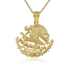 Solid 14k Gold Mexican Eagle Coat Of Arms Pendant Necklace Item No.: H808 Metal Type: 14k Solid Yellow Gold (Also Available In 10k Solid Gold) Metal Color: Yellow Gold. (Also Available In White Gold And Rose Gold) Pendant Only Weight: 3.35 Grams Pendant W/Chain Weight: 4.35 - 4.55 Grams (Vary From Length Chain) Height W/Bail: 1.28" (32.51 Mm) Width: 1.39" (26.67 Mm). Chain Available In 16", 18", 20", 22" Price Is Firm Brand New. Made To Order. Please Allow 5-7 Days To Be Shipped. 14k Gold Yellow Polished Necklace, 14k Gold Yellow Engraved Necklace, Engraved Yellow 14k Gold Necklaces, Engraved 14k Yellow Gold Necklace, Yellow 14k Gold Engraved Necklace, Mexican Eagle, Football Necklace, Cross Necklace Sideways, Shine Jewelry