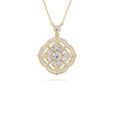 Step into the allure of timeless elegance with our Round Diamond Vintage Shield Fashion Pendant, an extraordinary design inspired by classic motifs. Featuring a central lab-grown diamond surrounded by intricate details, this pendant offers a refined balance of vintage charm and modern luxury. Available in 14K White, Yellow, or Rose Gold, it is an impeccable choice for those with a discerning eye for sophisticated jewelry. Material: 14K White, Yellow, or Rose Gold Chain Length: 18 Inches Diamond Elegant White Gold Filigree Diamond Necklace, Elegant White Gold Diamond Necklace With Filigree, Elegant Flower Pendant Diamond Necklace For Wedding, Elegant Flower Pendant Diamond Necklace For Anniversary, Elegant Wedding Diamond Necklace With Flower Pendant, Elegant Filigree Diamond Pendant Necklace, Elegant Filigree Diamond Necklace For Gift, Elegant Diamond Necklace With Intricate Pendant Design, Elegant Diamond Necklace With Brilliant Cut Flower Pendant